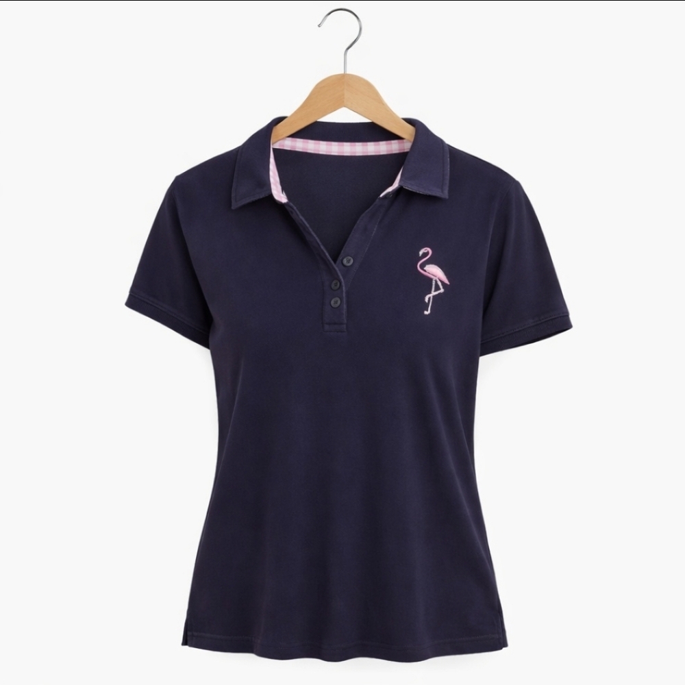 Talbot's Navy Polo Flamingo Preppy Casual Womens Sz LP